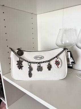 Ed Hardy White Shoulder Bag with Metal Charm Chain